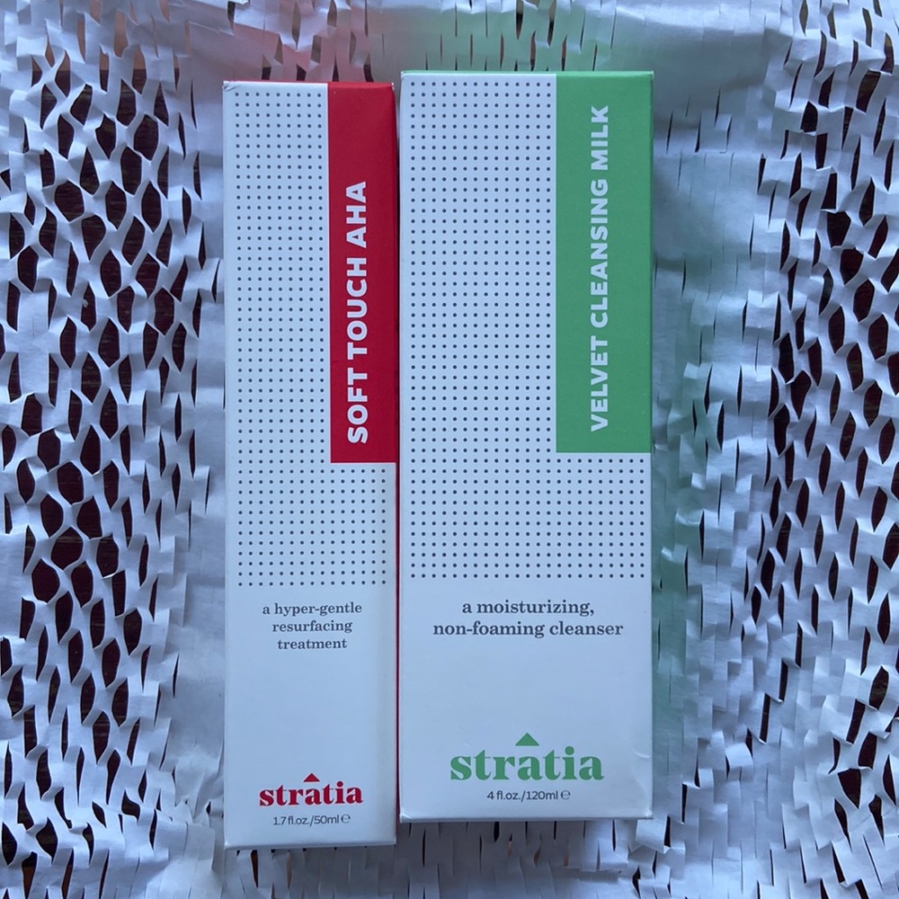Stratia unopened velvet cleansing milk (4 oz) and soft touch AHA (1.7 oz)